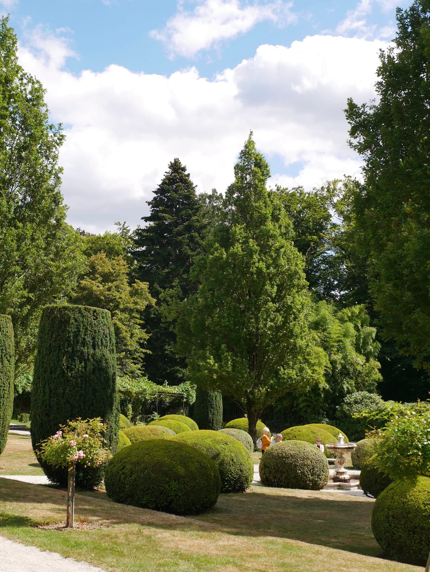 Blick in einen sommerlichen Schlossgarten mit Bäumen und Buchskugeln